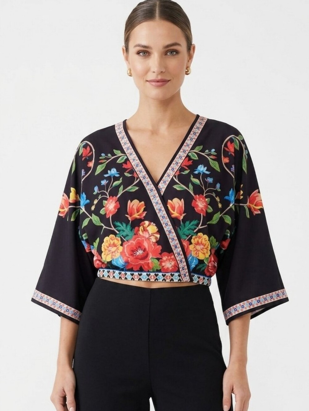 Flying Tomato Kimona Wrap Crop Floral Print V Neck Pullover Blouse Size Small